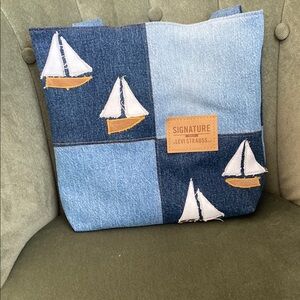 Handmade Levi Strauss rustic Denim Tote Bag with Sailboat Design